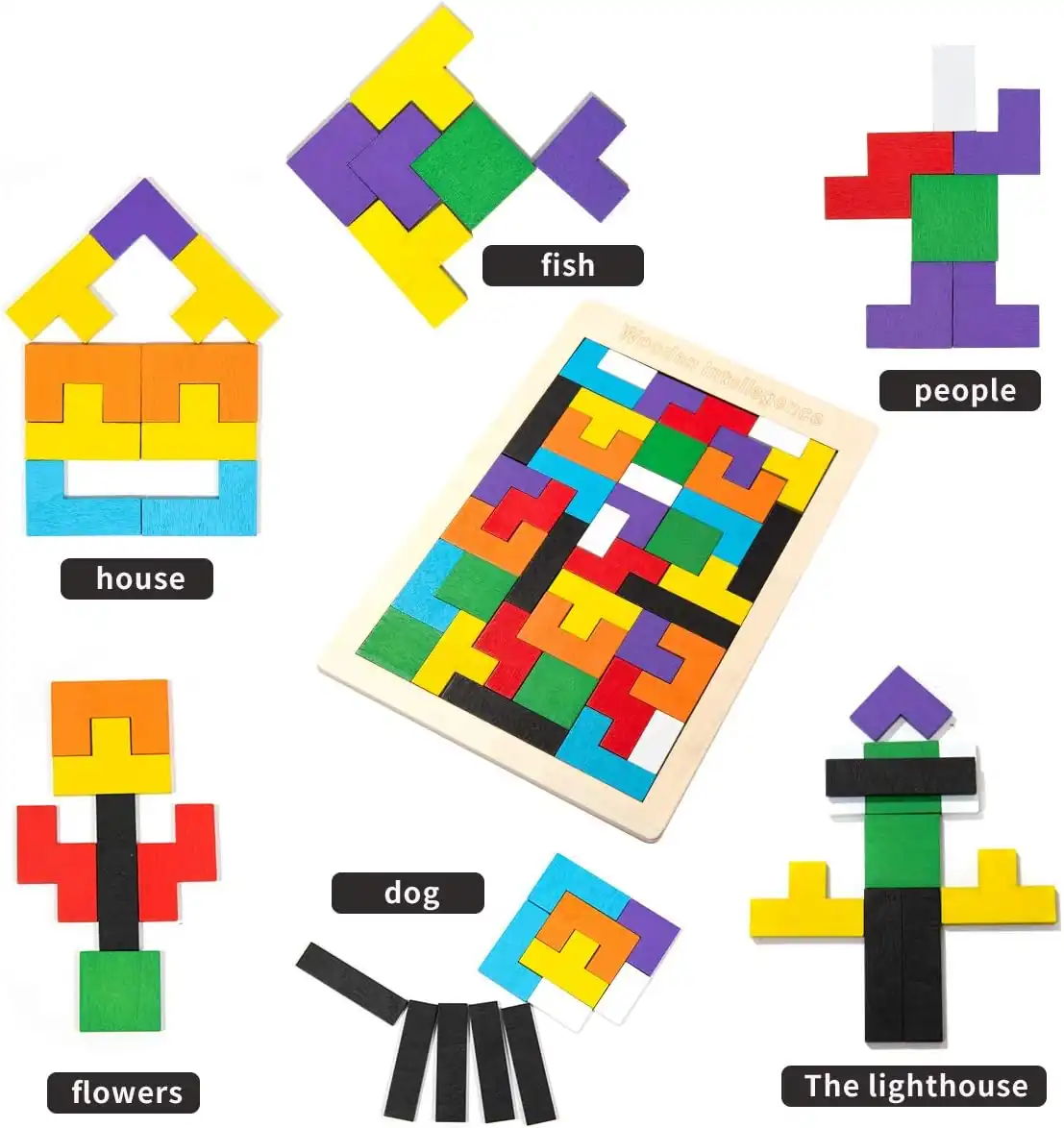 Wooden Intelligence Toy - 40 PCS Brain Teasers Tangram Puzzle - Thumbnail 2